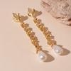 Metallic diamond-set flower leaf imitation bead silver needle earrings personalized long fringed temperament earrings