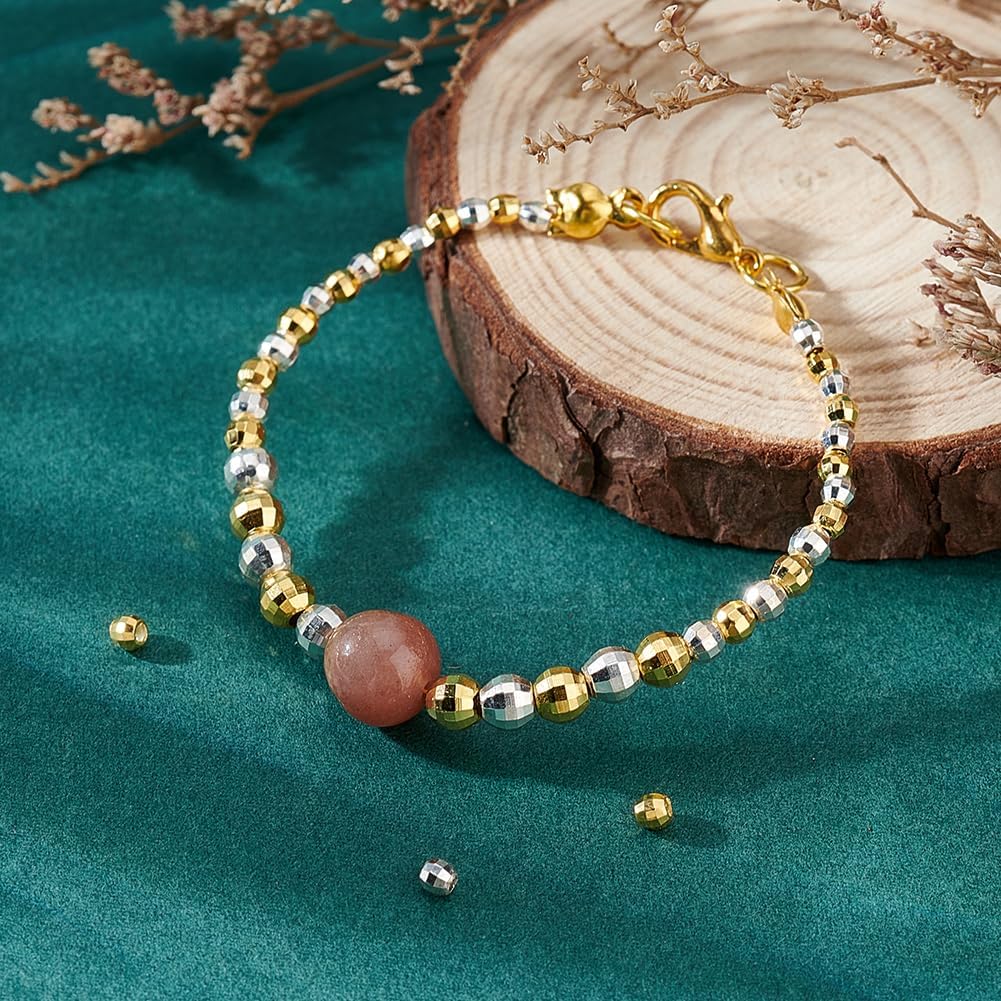 PH PandaHall 40pcs 925 Sterling Silver Beads Spacer 3 Sizes Faceted Spacer Beads, Silver Golden Round Jewelry Spacers Loose Beads for Bracelet