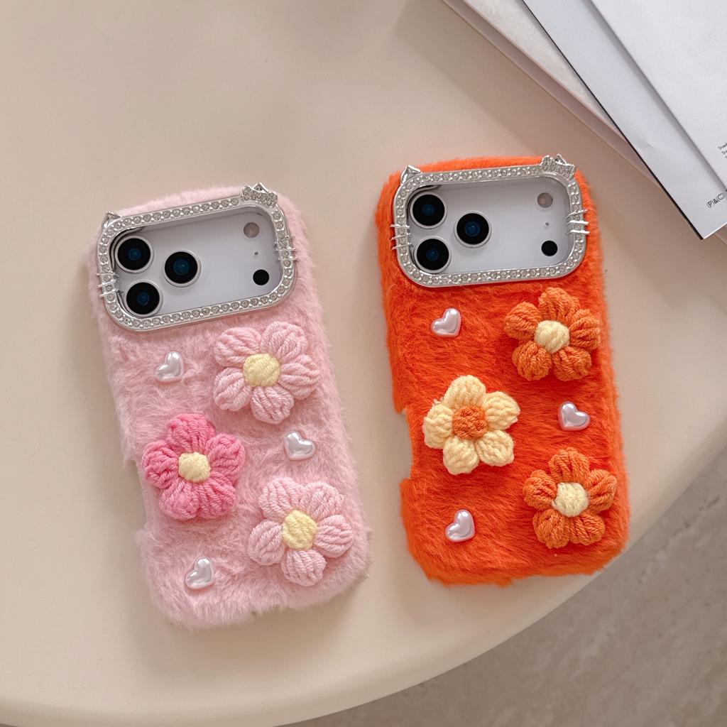 For iPhone 17 Pro Case Rhinestone Frame Plush Flower Pearl Heart TPU PC Phone Cover with Floral Strap