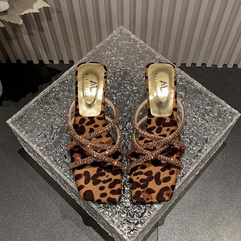 Luxury Rhinestone Women Shoes 2025 New Korean Fashion Women's Leopard Print Slippers Fashionable Outer Wear High Heel Slippers