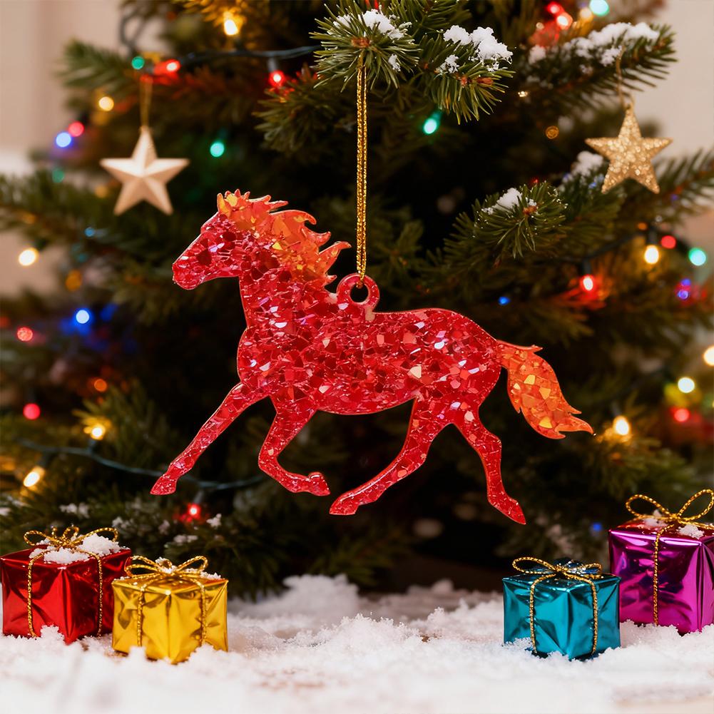 1/4Pcs Golden Flame Horse Christmas Ornament 2D Flat Christmas Horse Pendant Xmas Tree Hanging Pendent New Year Gifts Keychain