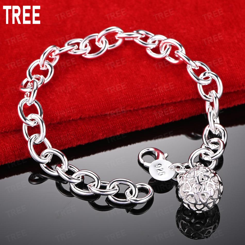 925 Sterling Silver Exquisite Openwork Heart Ball Side Chain Charming Bracelet Gift Jewelry 20CM