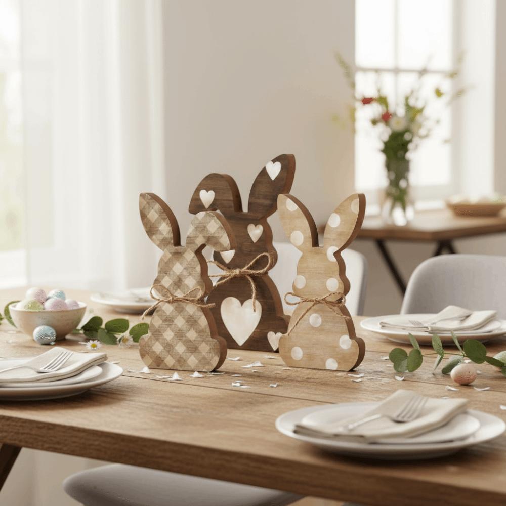 4/5 Piece With Bowknot Easter Wooden Rabbit Ornament Printed Standing Bunny Ornament  Bed Room