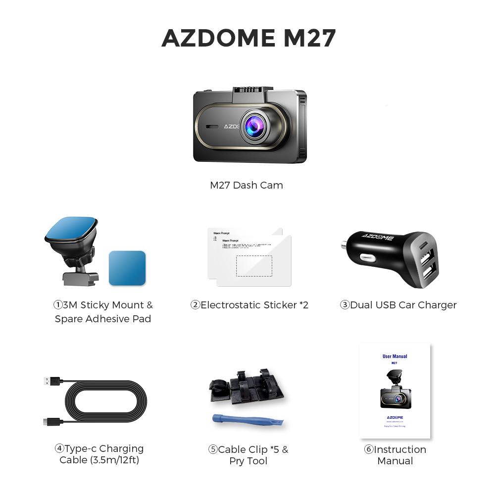 

2K автомобільний відеореєстратор AZDOME M27 3-дюймовий відеореєстратор з G-сенсором нічного бачення Wi-Fi Dash Cam