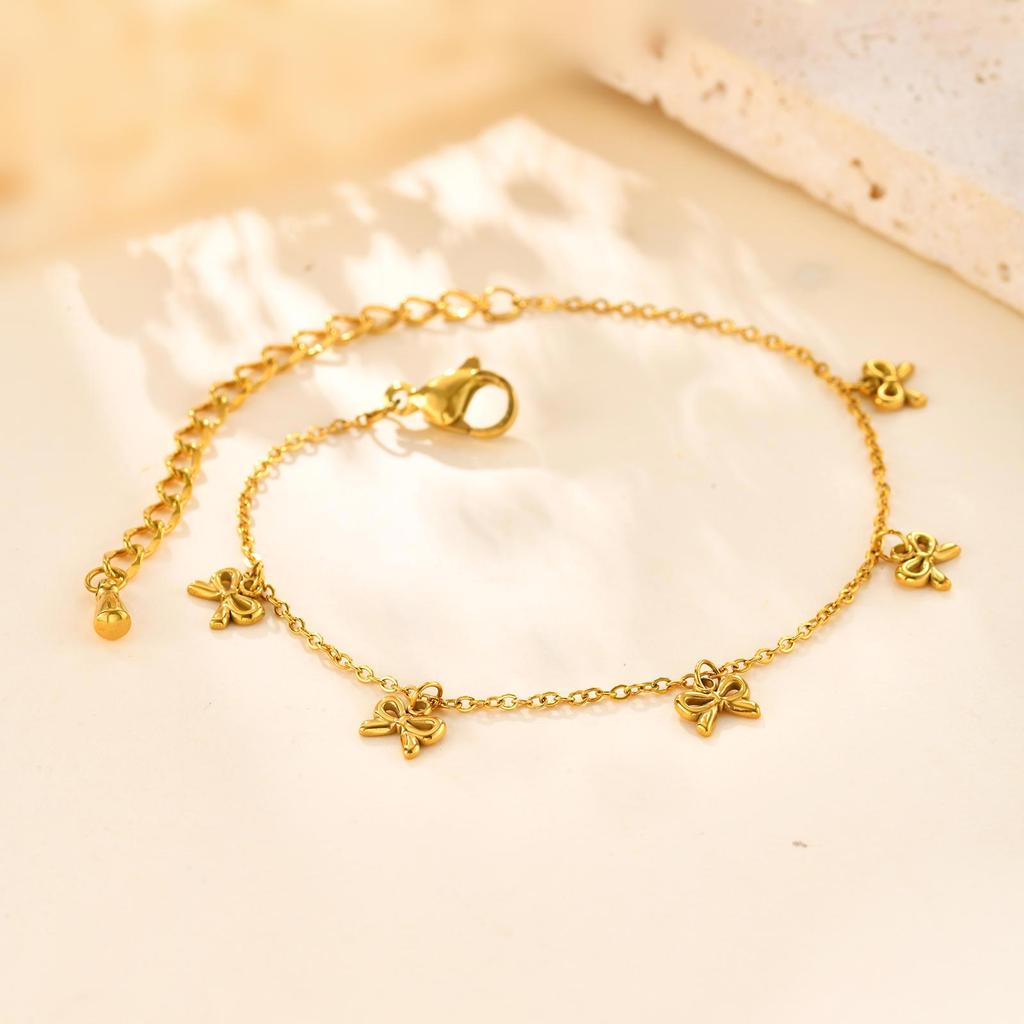 Minimalist Bowknot Bracelet for Women,Gold Color Stainless Steel Flat Rolo Chain Bow Bracelets,Trendy Waterproof Jewelry Gifts