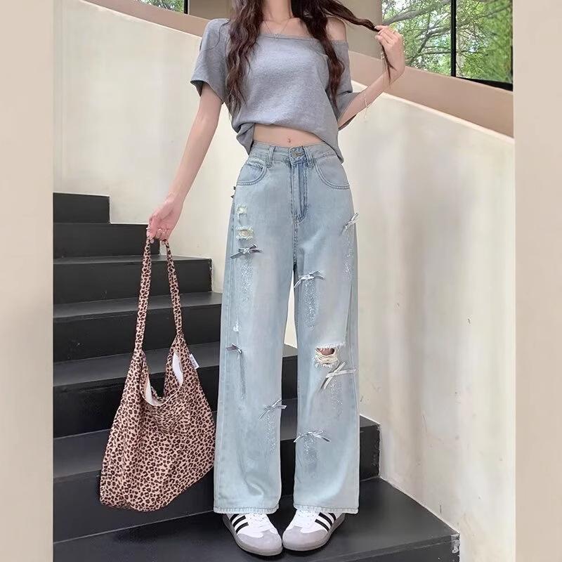 

Plus Size High-Waisted Sequin Ripped Jeans - Women s Wide-Leg Cropped Pants XL светло-синий