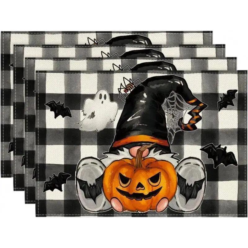 4PCS Halloween Table Placemats 30*45cm Linen Ghost Festival Atmosphere Table Mat Bat Pumpkin Spider Web Dining Table Decorations