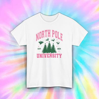 North Pole University Shirt S-5XL Funny Christmas Holiday Santa Graphic Tee