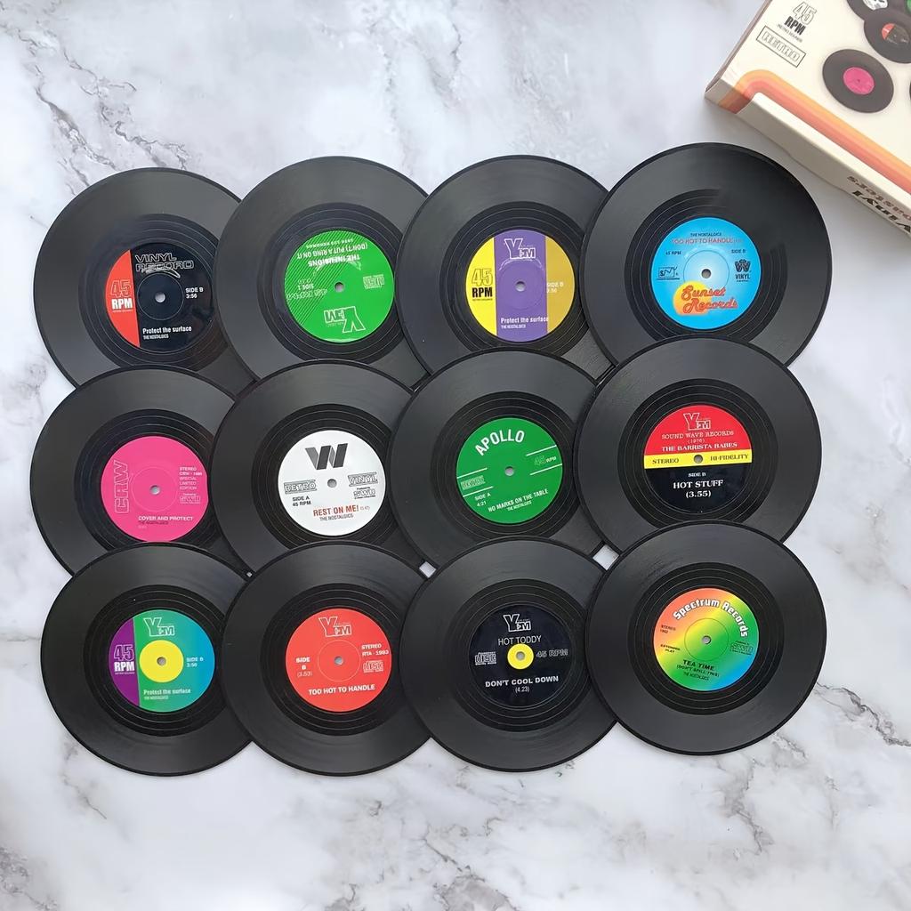 6 Adet Renkli Retro Vinil Plak Disk Bardak Altlığı Komik Etiketlerle - Mobilyaların Kirlenmesini ve Çizilmesini Önleyin