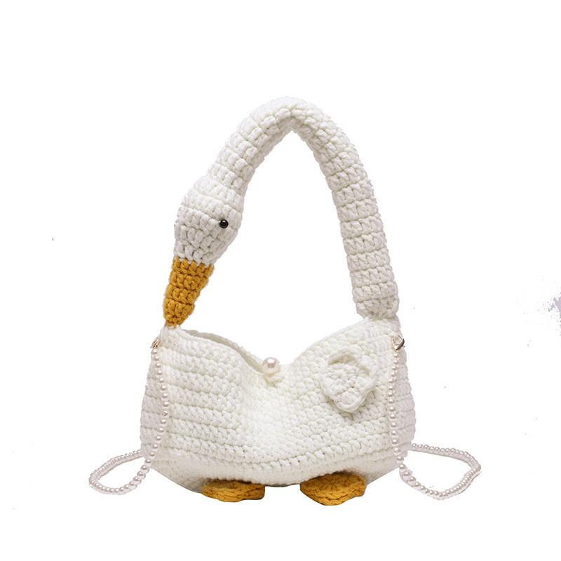 Gestrickte Woll-Handtasche mit Schultergurt in Weiß mit Gänsemotiv für den täglichen Freizeitgebrauch