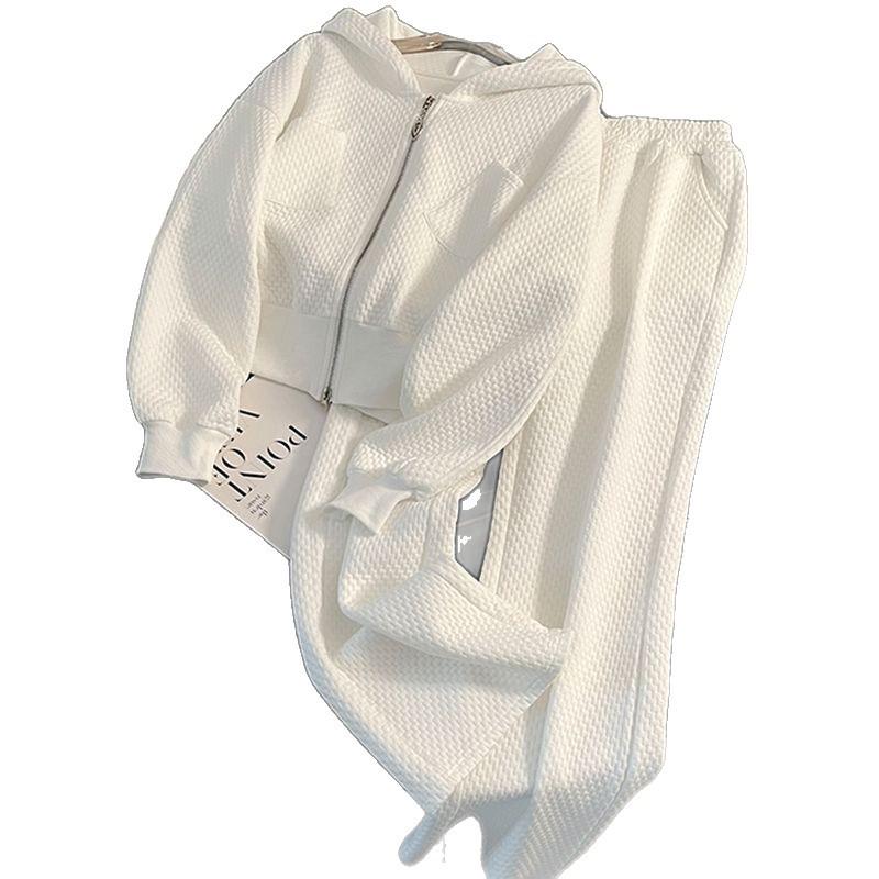 Korean Style White Hoodie & Wide-Leg Pants Set - Casual, Loose, Slimming Two-Piece for Women, Spring & Autumn Fashion