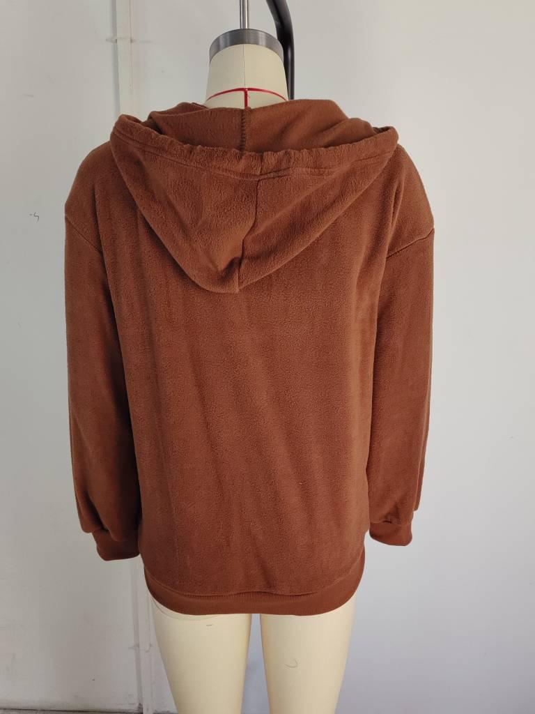 2025 Solid Color Fleece Hooded Long Sleeve Loose Zipper Jacket