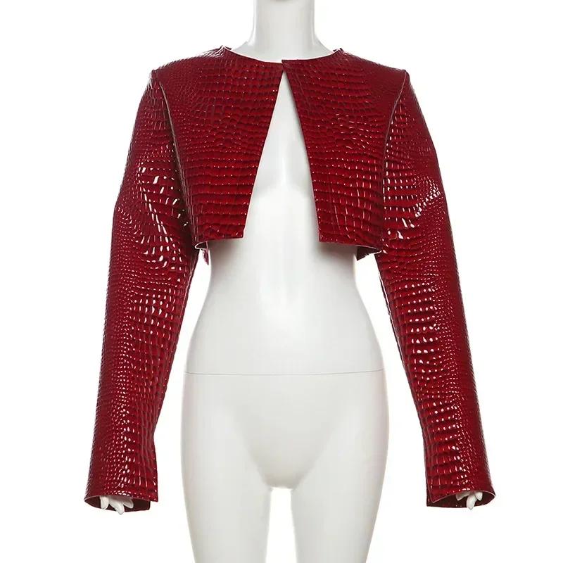 Retro Motorrad Sexy Kunstleder Crop Jacke Damen Herbst Winter Mode Schlangenprint Streetwear Y2k Langarm Kurze Mäntel Weiblich