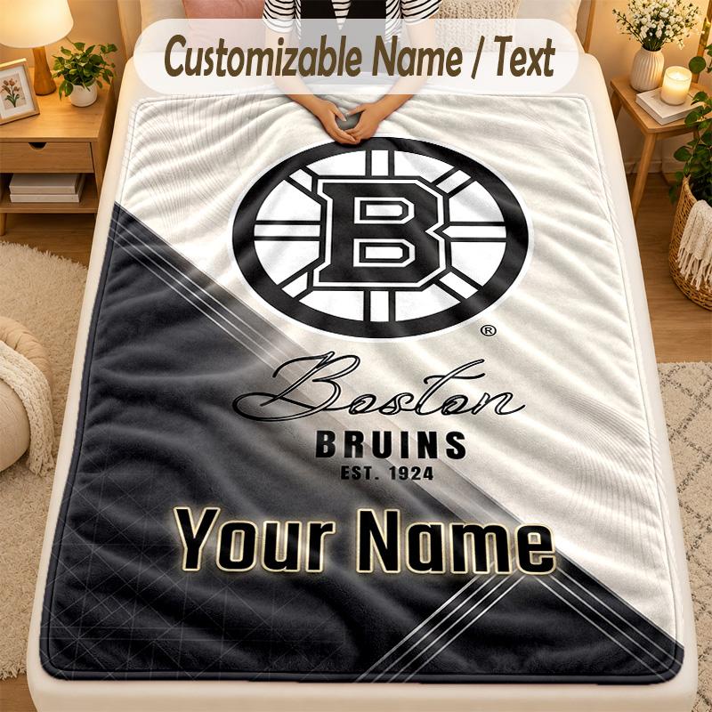 Flannel BlanketBoston Bruins Custom Name Text Personalized Soft Warm Throw Blanket Home Decor Gift