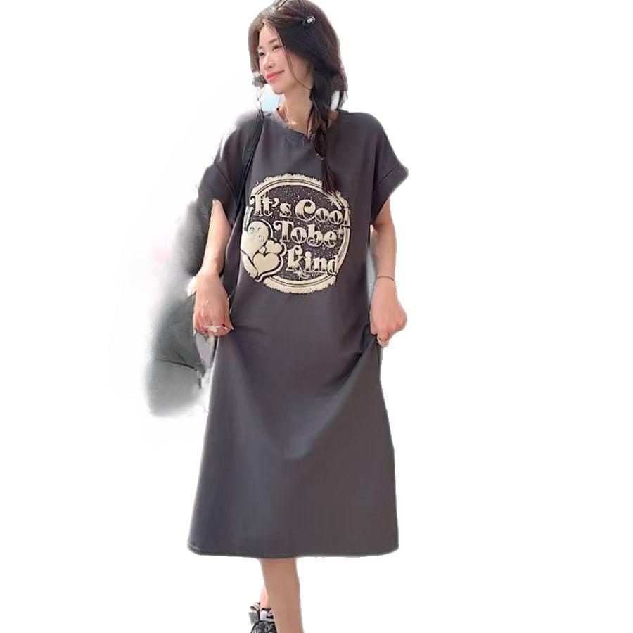 

New Korean-style Short-sleeved T-shirt Dress for Women, Loose and Casual, Plus-size Small Fly-sleeve Slit Dress, Long Dress for Summer M темно-сірий