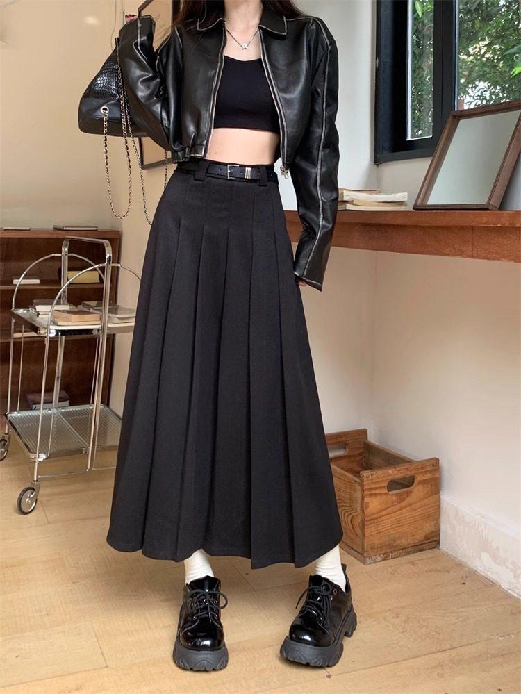 Women's Plus Size Gray Wool Blend High-Waisted Pleated Midi Skirt - Slimming Flowy Autumn Style