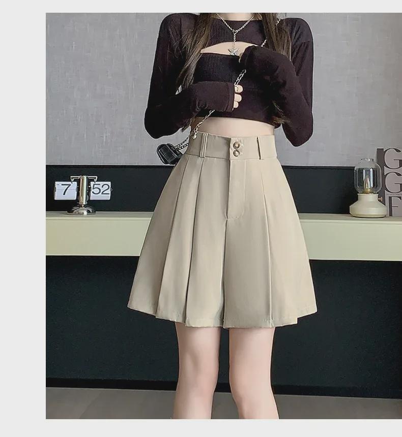 Women's Khaki Pleated A-Line Culotte Shorts - 2024 Summer Fashion Wide-Leg Style