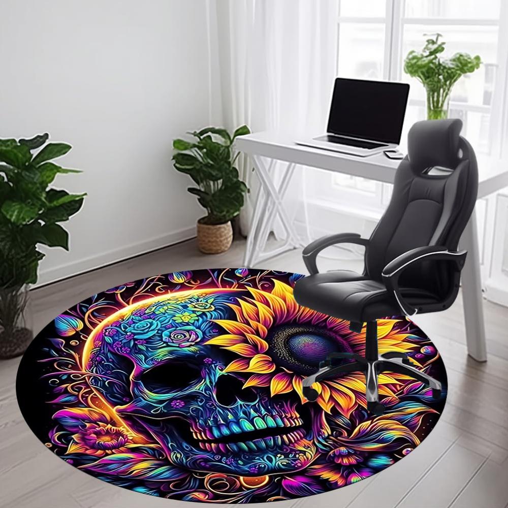 1pc Colorful Skull Art Chair Carpet for Office, Round Non Slip Durable Large Size Office Carpet, Suitable for Office