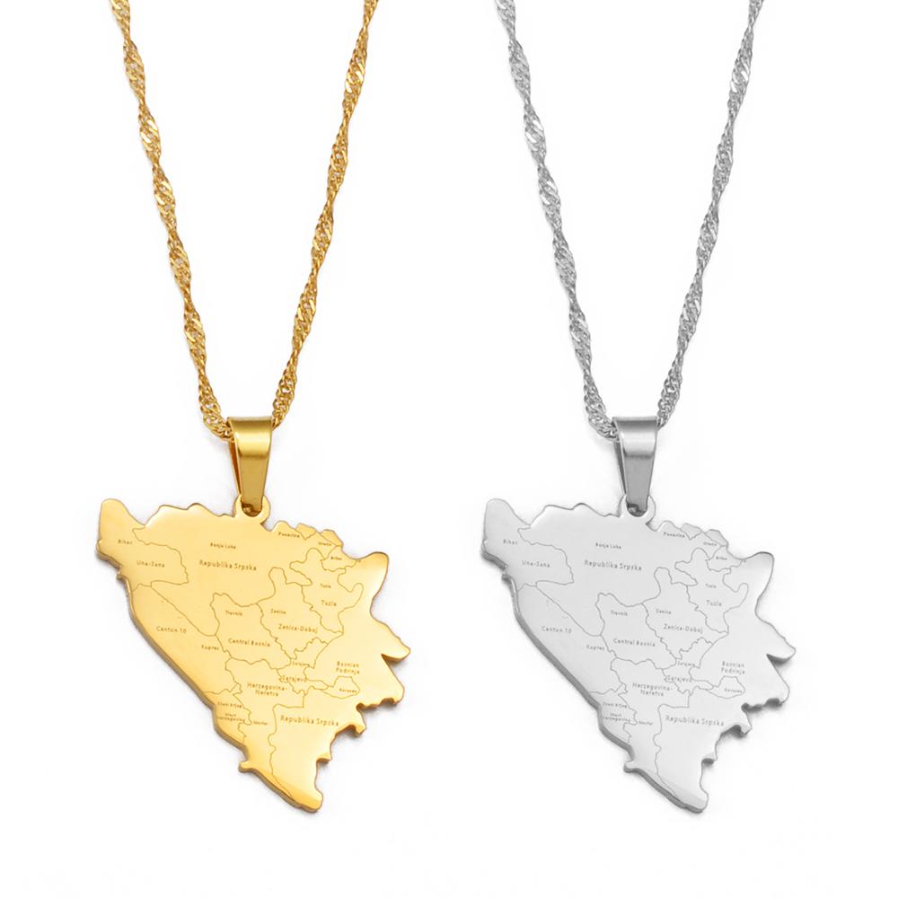 Anniyo Bosnia and Herzegovina Map With City Name Pendant Necklaces Bosna Hercegovina Jewelry #258021