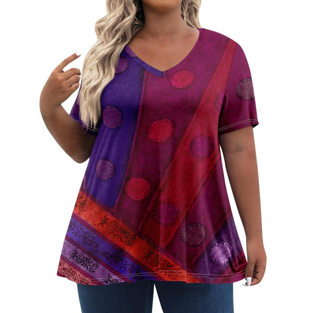 American Women's Clothing New Temperament V-neck Large Size Short-sleeved T-shirt Top Independent Day Personalized 3D Printing