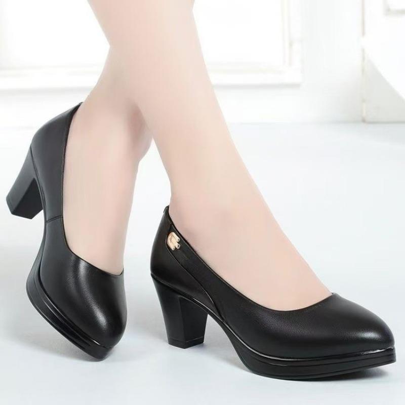 Fashion Womens High Heels 2025 Autumn New Soft Leather Soft-soled Mother Shoes Middle Heel Comfortable Breathable Non-slip Work Shoes