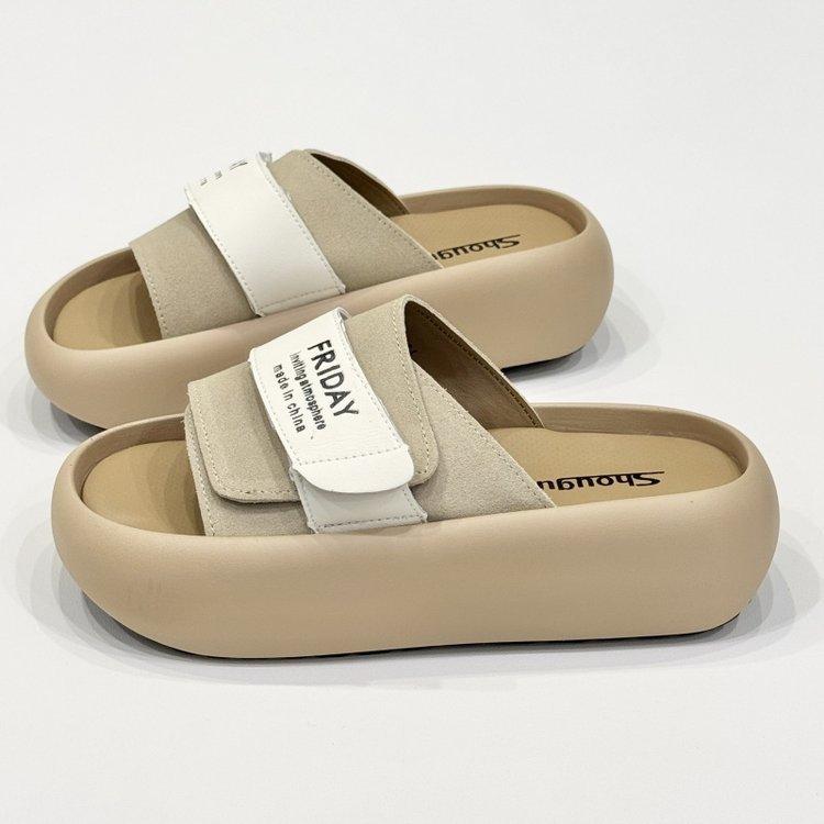 

Soft leather version~ frosted Velcro thick-soled one-word Boken shoes for women s 2025 summer new beach versatile cool slippers 35 бежевый