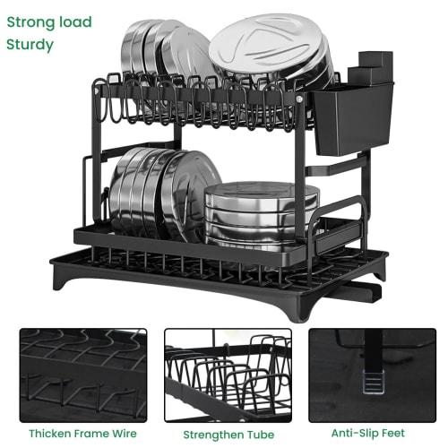 FUMITT Dish Drainer, Rust-Proof, Slim Dish Storage Rack - Large Capacity Kitchen Utensil, Multifunctional, Easy Assembly (Black, Automatic Drain [2-Ti