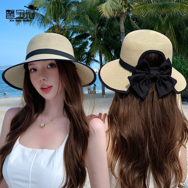 8485 Summer Sunscreen Straw Hat Children's Fashion Bow Sunshade Sunscreen Hat Big Eaves Beach Sun Hat