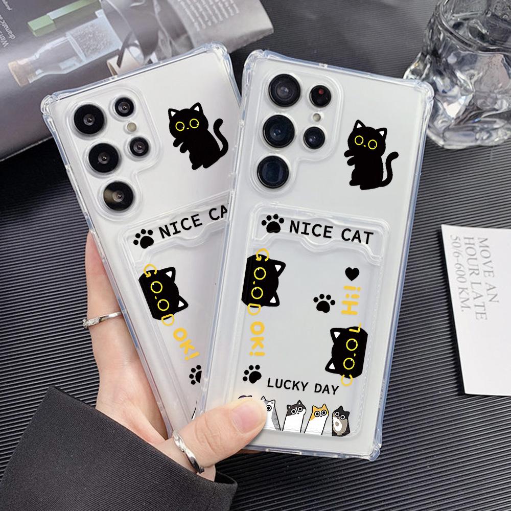 Silicone Cat Card Holder Case For Samsung A06 A05s A05 S24 Ultra S23 Plus S22 S21 S20 FE A10s A10 A04 A03s A04E A03 Funda Cover