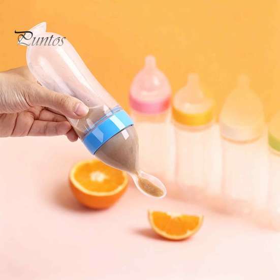 Infant Complementary Food Feeder Baby Silicone Squeeze Spoon, Single-handed Rice Cereal Bottle with Flow Control, Easy Clean Dispensing Spoon