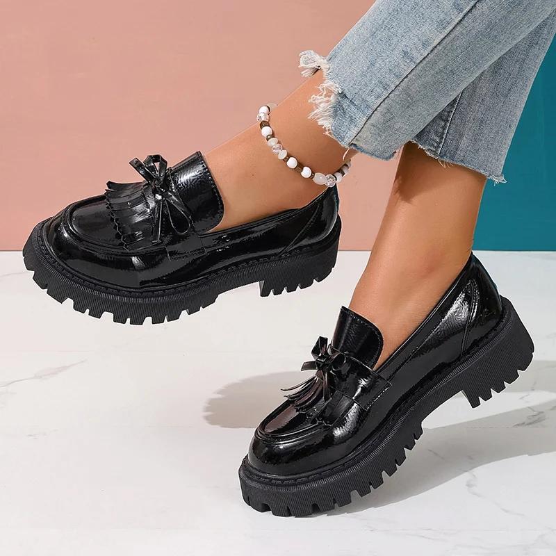 Fashion British Style Patent Leather Loafers for Women 2025 Spring Slip On Platform Shoes Woman Bowknot Thick Bottom Student Shoes 42