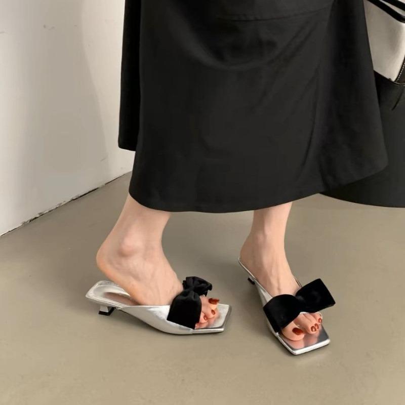 Fashion Slides with Heel Women's Slippers and Ladies Sandals Open Toe Bow Shoes Silver Slip-resistant Non Unique New Style Small Size 39