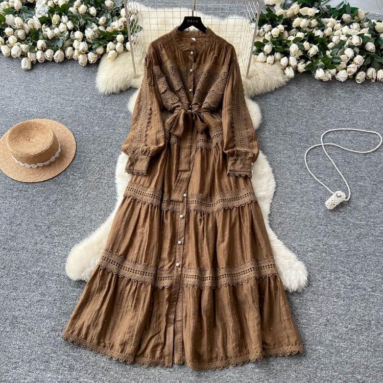 Sexy Vintage Lace Lace Up Glitter A Line Long Sleeve Beach Dress Chic Summer Vacation Vestidos for Women