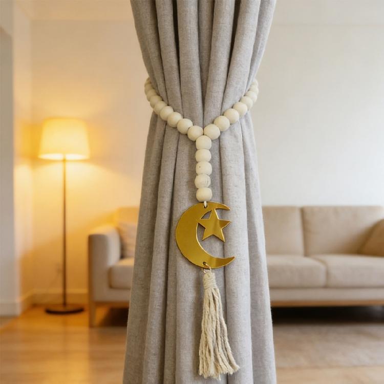 Eid Mubarak Wooden Beads Garlands with Acrylic Moon Pendant Tassels Ramadans Islamic Hanging Ornament Muslims Party Decors