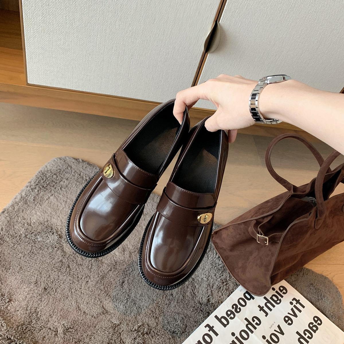 

Cowhide version~ Small leather shoes British style women s high versatile round head gold buckle one pedal thick heel loafers uniform single shoes 40