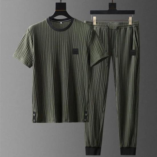 Summer Men Pleated Shirt Pants Two-pieces Set Thin Soft Breathable Tracksuit Casual Sports