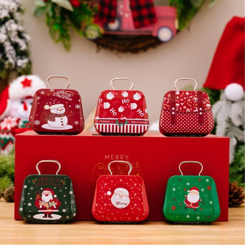 2Pcs Portable Christmas Iron Candy Container Christmas Cheer Candy Holders Snacks Case with Colorful Seasonal Pattern