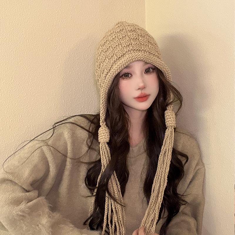 Autumn and Winter Tassel Wool Hat Cute Bag Head Ear Protection Hat Women Korean Version Versatile Knitted Hat Sweet Handmade Warm Hat