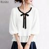 ZANZEA Women Elegant Casual Round Neck 3/4 Sleeve Loose Pleated Blouse