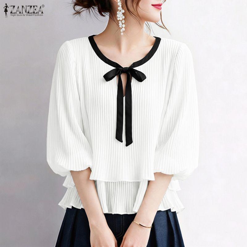 ZANZEA Women Elegant Casual Round Neck 3/4 Sleeve Loose Pleated Blouse