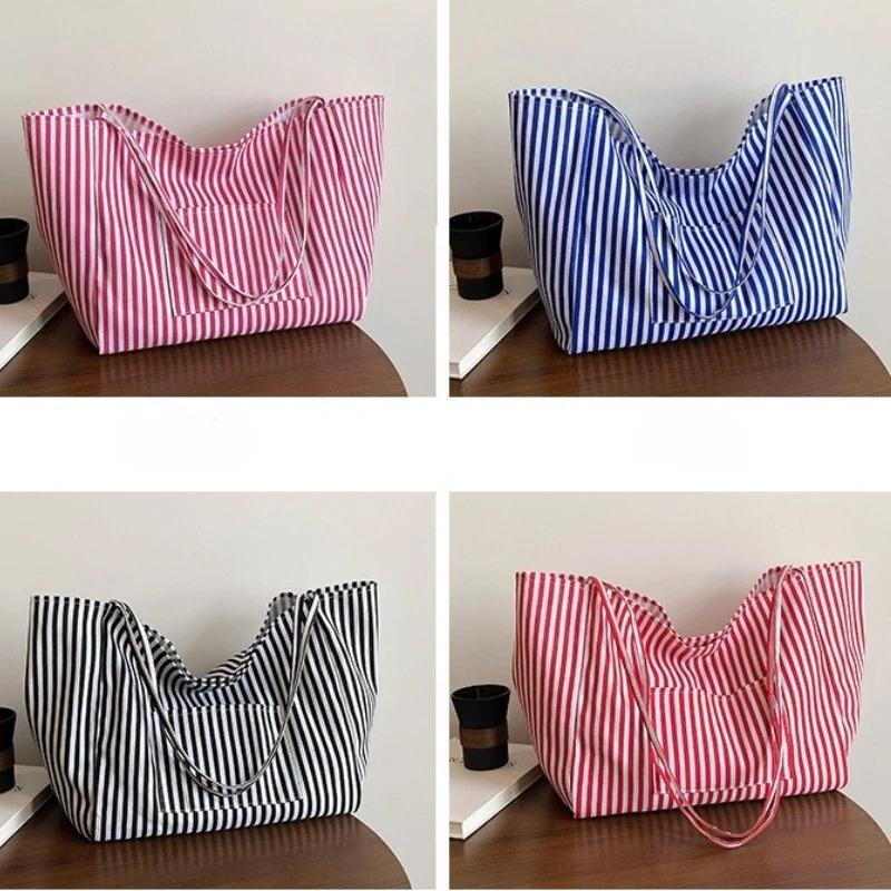 Casual Striped Design Women Nyl Shoulder Bags Versatile Large Capacity Ladies Armpit Handbag Ctrast Color Girl Shopping Tote
