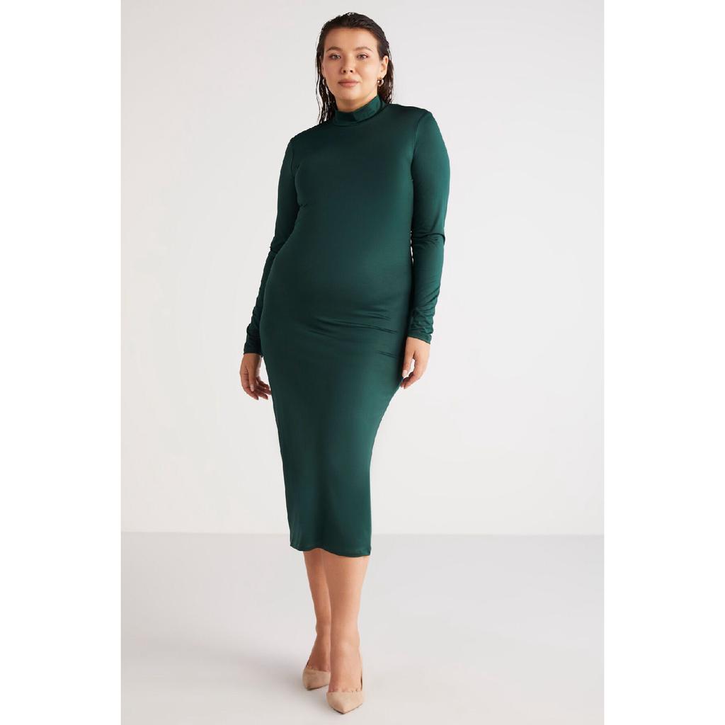 Katjabb Woman Slim Fit Fit Body Wrapping Upright Collar Midi Length Green Big Size Dress