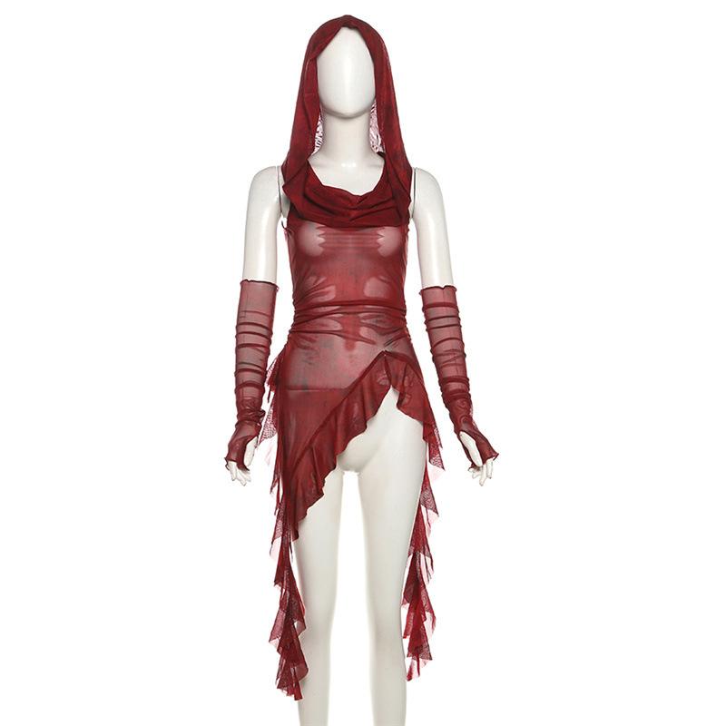 2KWEIRD Streetwear 90s Grunge Mesh See Through Hooded Tops Cyber Y2K Irregular Hem Ruffles Hoodie Women Slim Blouse with Cuffs