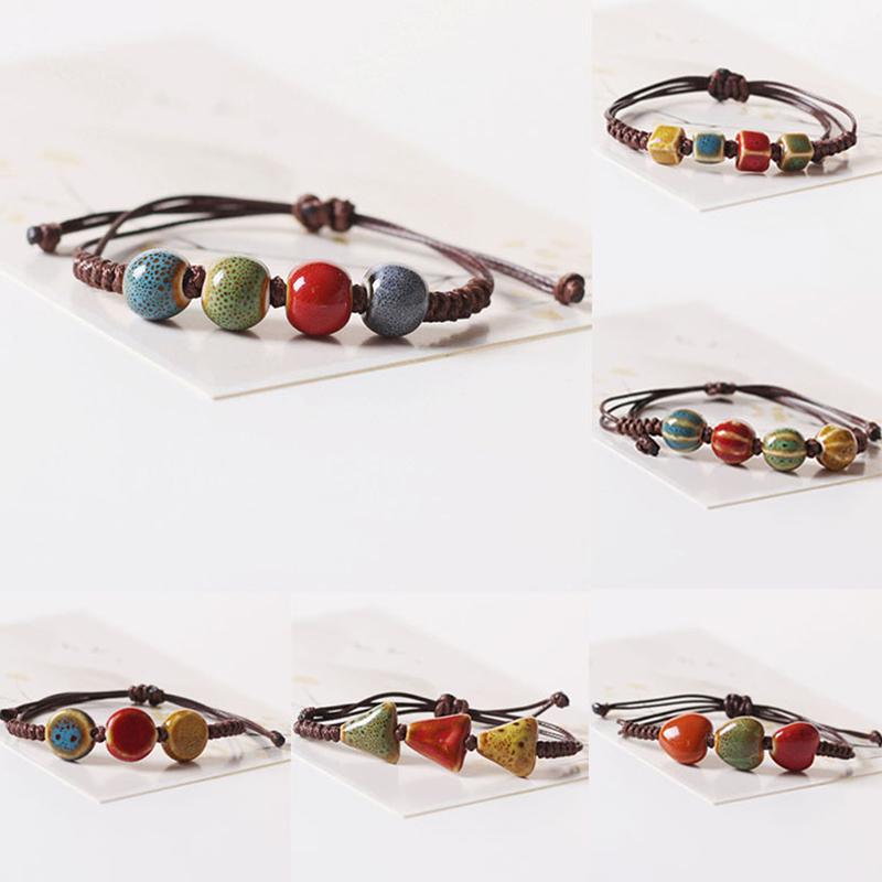 Ethnic Style Ceramic Beaded Dainty Bracelets Bangle Handmade Wax Rope Bracelets