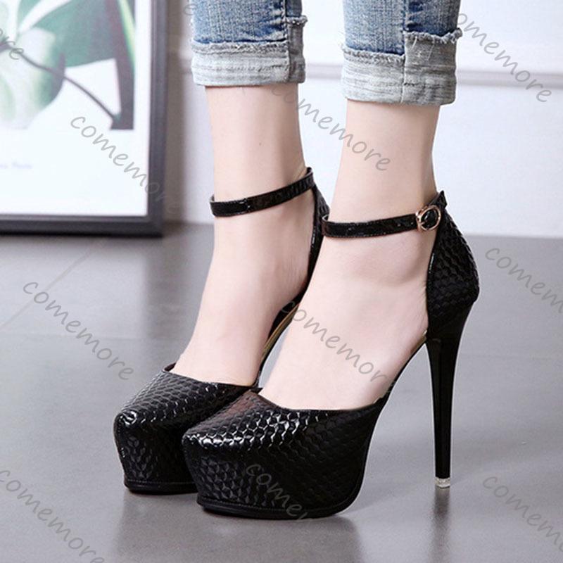 Fashion Comemore New Pointed Black Sexy Pumps Platform Ankle Buckle Thin High Heel Dress Shoes 12cm Stiletto Elegant Heeled Shoes Woman
