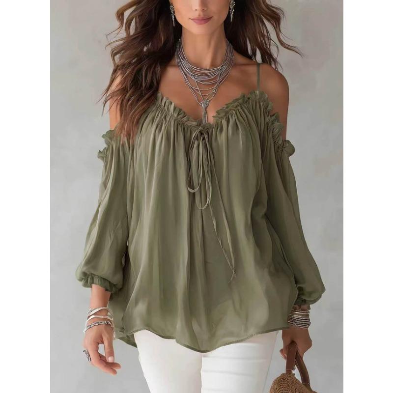 Camicetta Casual da Donna S con Collo Arricciato e Maniche Lunghe