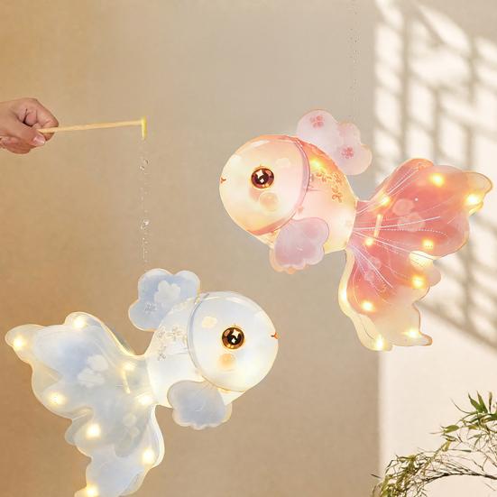Kids Hands on Learning Toy DIY Mid Autumn Goldfish Lantern Kit for Kids, Handheld Glowing Fish Paper Lamp Handmade Material with LED Light Traditional