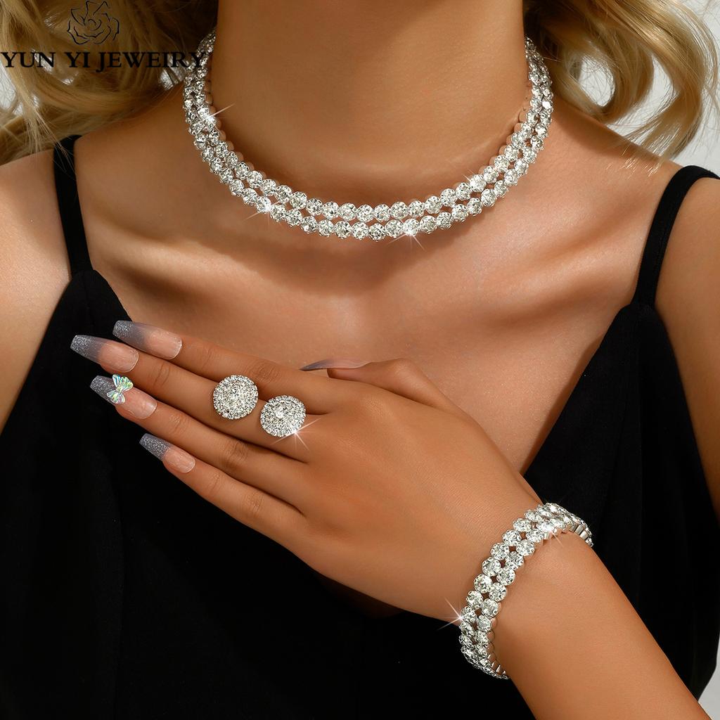 Ladies' set of Rhinestone light luxury, minimalist and high-end necklaces, earrings, bracelets, wedding party accessories