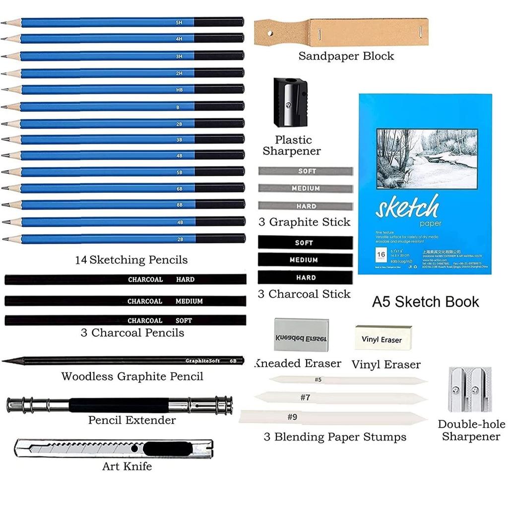 Drawing Pencils Set - Sketching and Shading Kit for Artists - Charcoal and Graphite Pencil Set - 35 Pcs
