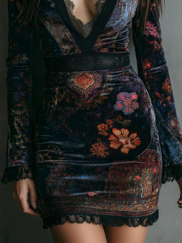 Women's Chinese Style Retro Fashion Elegant Velvet Printed Ruched Slimming Cheongsam Dress